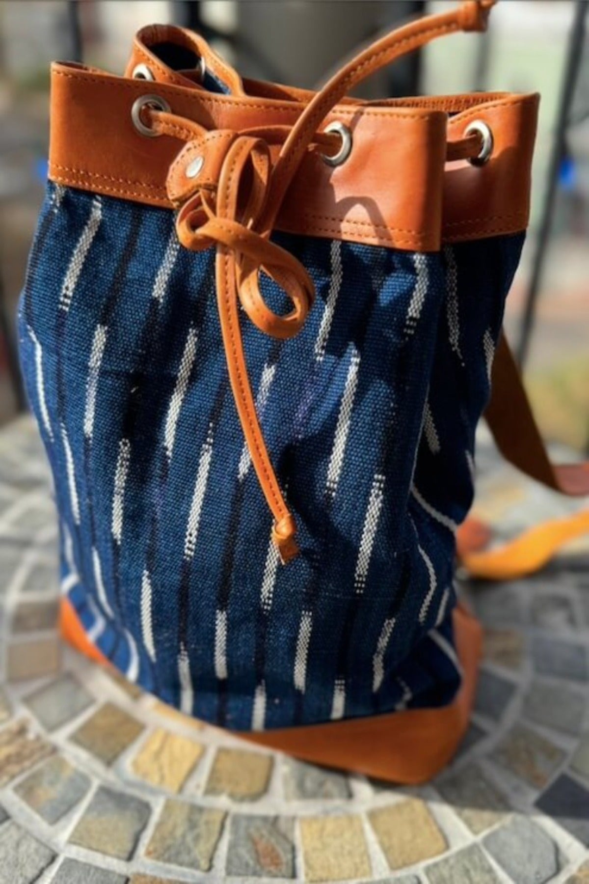 Blue backpack with genuine leather