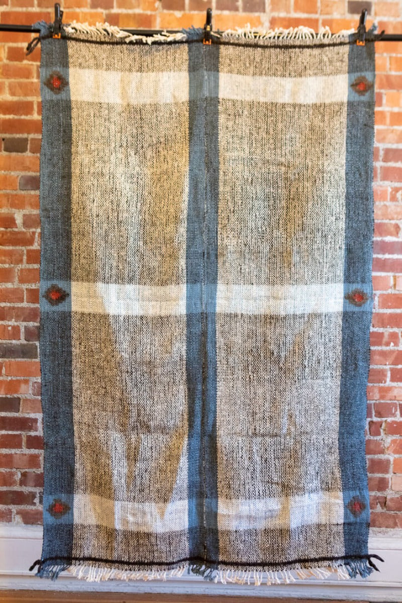 Full unfolded view of blanket with blue and red accents