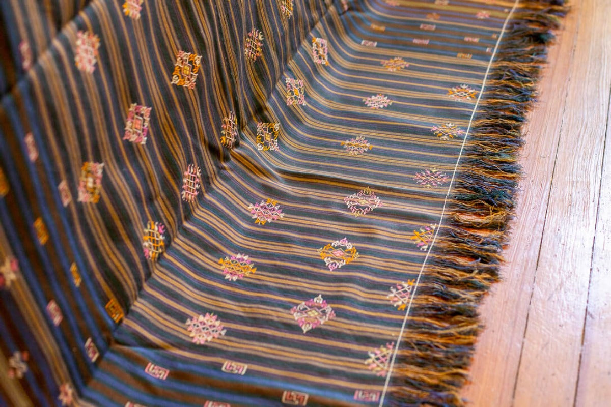Edge of a tablecloth with colorful fringe