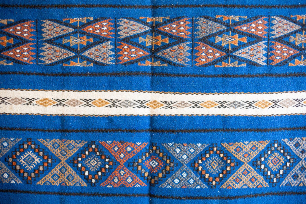Geometric patterns of a blue rug