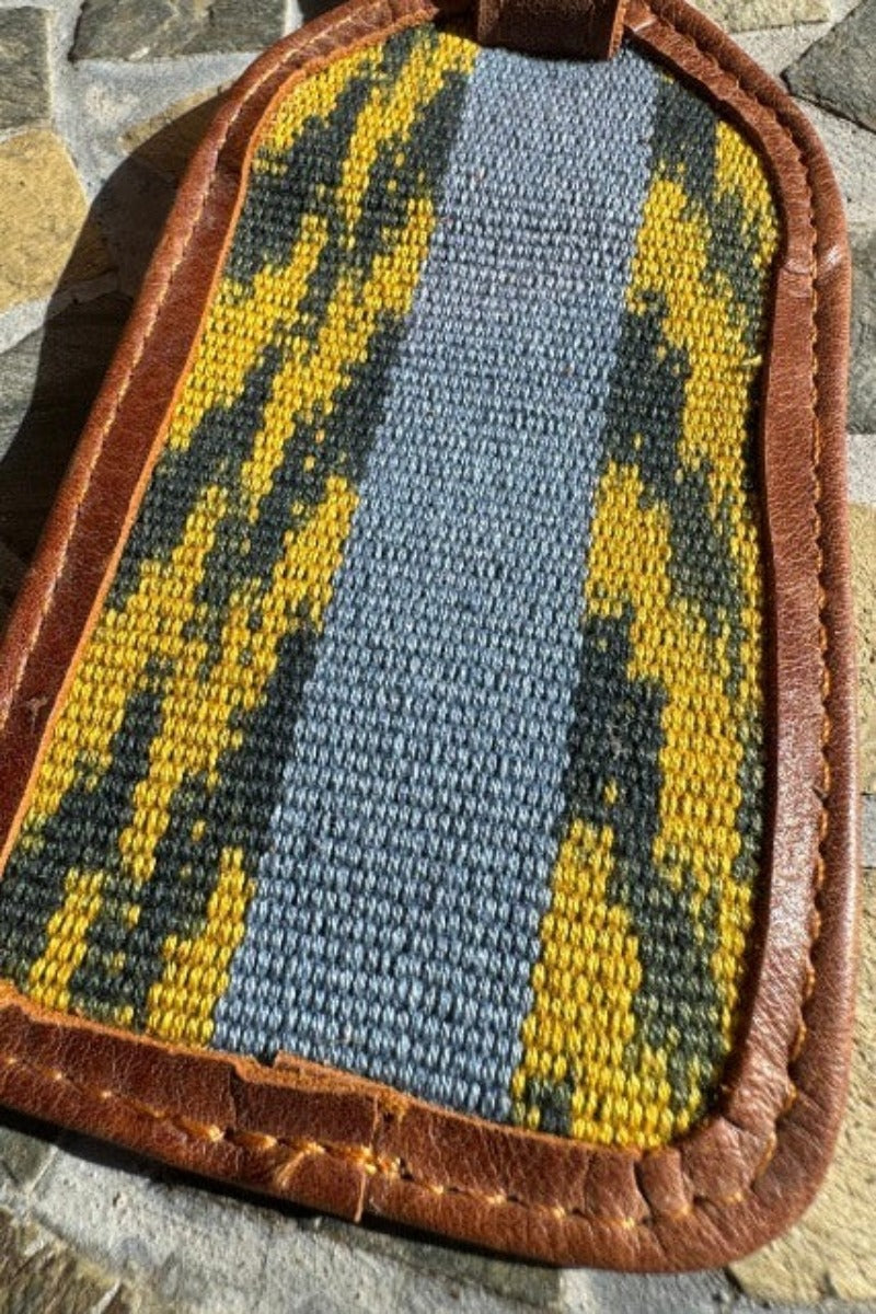 Green, yellow and blue pattern on a luggage tag