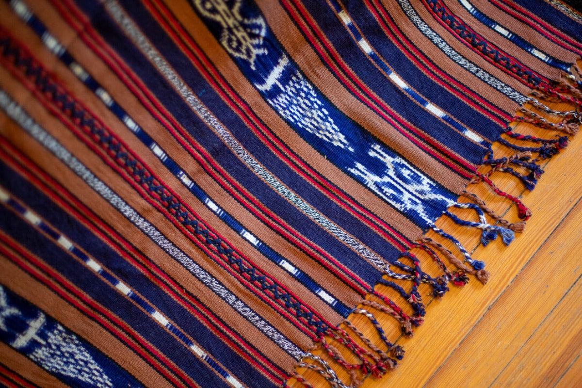 Indigo ikat pattern on handmade bedspread