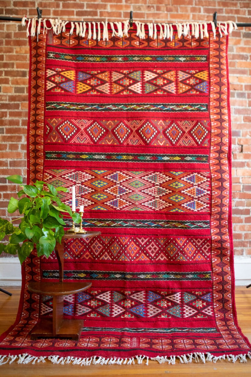 Red flatweave rug, handmade