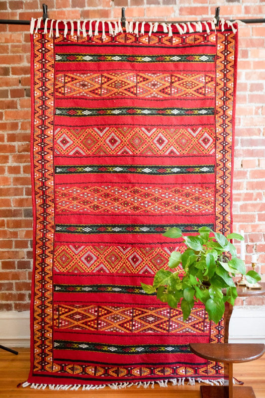 Red berber rug with yellow geometric patterns. Handwoven in Algeria. With brick wall in the background and plant in front of the rug.